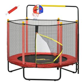 Kids Indoor Trampoline Combo with Safety Net Enclosure, Basketball Hoop, and Horizontal Bar, Red
